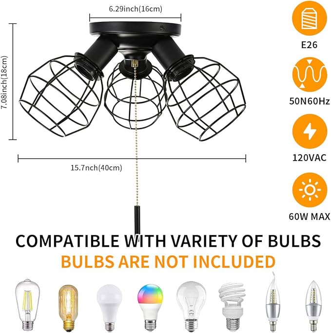 Pull Chain Light Fixture, 3 Light Semi Flush Mount Ceiling Fixture, Vintage Pendant Light Fixture for Porch/Hallway/Kitchen/Bedroom, Bulb Not Included