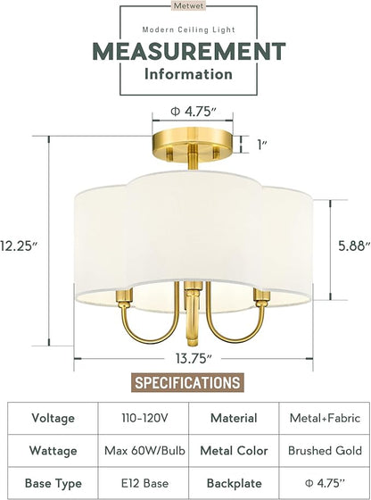 Gold Semi Flush Mount Ceiling Light, 13.5" 4-Light Light Fixtures Ceiling Mount with Fabric Shade in Quatrefoil for Kitchen Nursery Entryway Hallway Bedroom, SM179-BG