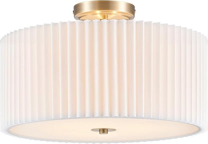 VONLUCE Semi-Flush Mount Ceiling Light, 15.7" Modern 3-Light Ceiling Light Fixture with White Pleated Drum Shade 3 E26 Sockets for Bedroom Entryway Living Room, Bronze Finish, ETL Certificated