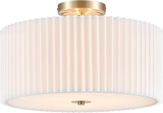 VONLUCE Semi-Flush Mount Ceiling Light, 15.7" Modern 3-Light Ceiling Light Fixture with White Pleated Drum Shade 3 E26 Sockets for Bedroom Entryway Living Room, Bronze Finish, ETL Certificated
