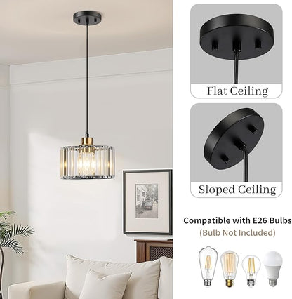 TALOYA Pendant Lights Kitchen Island Black and Gold, Crystal Pendant Light Modern for Dining Room, Height Adjustable Chandelier Hanging Island Light Fixtures for Kitchen Hallway(Bulb Not Included)