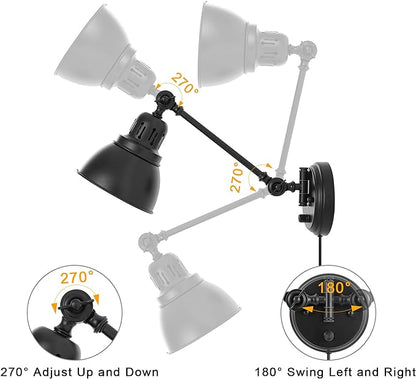 GOODATE Plug in Wall Sconces, Wall Sconce Lighting with Dimmable On Off Switch, Swing Arm Wall Lamp, Black Metal Industrial Wall Light Fixtures, Safety E26 Base, 6FT Plug in Cord