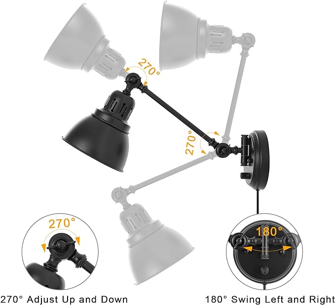 GOODATE Plug in Wall Sconces Set of 2, ENCOMLI Wall Sconce Lighting with Dimmable On Off Switch, Swing Arm Wall Lamp, Black Metal Industrial Wall Light Fixtures, Safety E26 Base, 6FT Plug in Cord