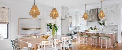 15” Boho Hand Woven Rattan Pendant Light Classic Coastal Chandelier for Kitchen Island Dining Room Hallway, UL Listed