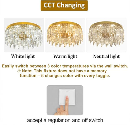 VETRULUS Gold Crystal Chandeliers for Dining Room 19.68" Round Luxury Flush Mount Crystal Ceiling Light Fixture Modern Chandelier for Bedroom Living Room Kitchen Island