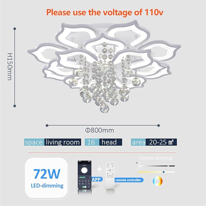 Bevenus Modern Led Ceiling Light,72w Crystal Petal Flush Mount Chandelier Ceiling Flower Lamp with Remote Control for Living Room,Bedroom,Dining Room,Hall,Etc.8+4+4 Heads………