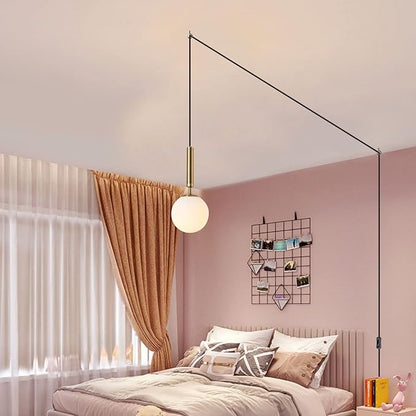 KCO Modern Gold Globe Pendant Lamp Plug in Mid Century White Frosted Glass Adjustable Ceiling Lamp Industrial Brass Gold Round Ball On/Off Chandelier for Farmhouse Kitchen Island Bedroom