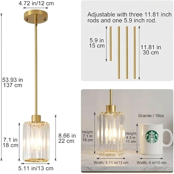 Crystal Pendant Lights, 3 Pack Brushed Gold Pendant Lights for Kitchen Island, Modern Mini Crystal Hanging Light Fixtures for Kitchen, Dining Room, Hallway, Foyer, Entryways