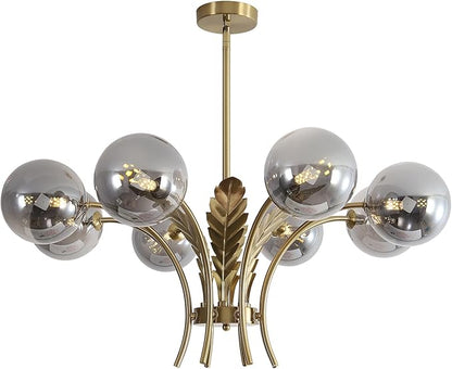 BOKT Gold Sputnik Mid Century Chandelier Modern Slop Ceiling Light Fixture Adjustable Height Kitchen Lights Hanging Smoked Gray Glass Globe Lampshade for Living Room Bedroom Bulb Included