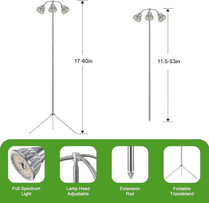 Full Spectrum Grow Light for Indoor Plants with Adjustable Tripod Stand, 11''- 60'' Height Plant Grow Lamp with Auto Timer 3/9/12H, LED Plant Light for Houseplants, Seedlings, Flowers & Indoor Garden