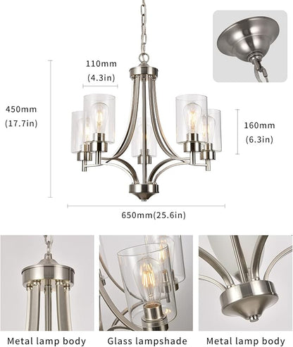 BOZO 5-Light Brushed Nickel Chandelier Modern Dining Room Lighting Fixtures Kitchen Over Table Pendant Lighting for Foyer Bedroom Bathroom Hallway with Clear Glass Shade