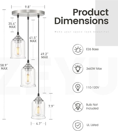 zeyu 3-Light Pendant Lighting, Adjustable Modern Cluster Pendant Light for Kitchen Island, Brushed Nickel Finish with Clear Glass Shade, ZSL104-3 BN