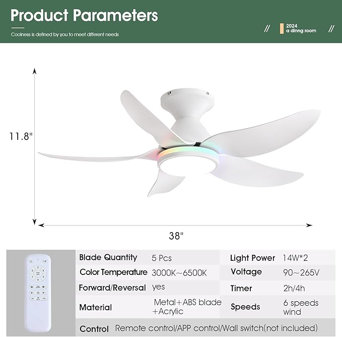 Kviflon Ceiling Fans with Lights Remote/APP Control, 38" Low Profile Ceiling Fans with Dimmable White Colors+Ring RGB Lights, 6 Speeds 5 Reversible Blades for Kids Room Bedroom Living Room, White
