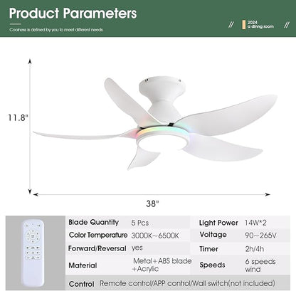 Kviflon Ceiling Fans with Lights Remote/APP Control, 38" Low Profile Ceiling Fans with Dimmable White Colors+Ring RGB Lights, 6 Speeds 5 Reversible Blades for Kids Room Bedroom Living Room, White