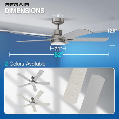 Ceiling Fan with Light 52-Inch, Remote Control Reversible DC Motors, 3CCT Dimmable Timer Noiseless, Nickel Ceiling Fan for Bedroom Living Room, Indoor&Outdoor ETL Listed