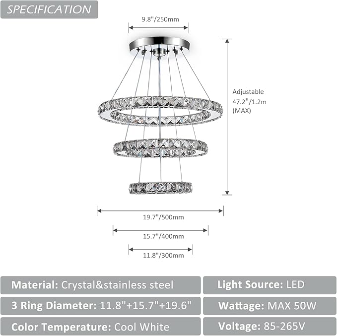 CLAIRDAI Modern Crystal Chandelier LED Chandeliers 3 Ring Pendant Light Adjustable Stainless Steel Ceiling Light Fixture for Dining Room Bedroom Living Room Hallway (6500K Cool White)