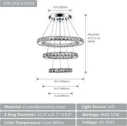 CLAIRDAI Modern Crystal Chandelier LED Chandeliers 3 Ring Pendant Light Adjustable Stainless Steel Ceiling Light Fixture for Dining Room Bedroom Living Room Hallway (6500K Cool White)