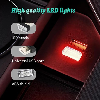 4PCS USB LED Car Interior Atmosphere Lamp, Plug-in USB Decor Night Light, Portable Auto Ambient Lighting Kit, Universal Vehicle Interior Accessories Mini USB LED Light for Most Cars (2Red+2ice Blue)