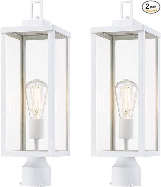 GRUENLICH Outdoor Lamp Post Light Fixtures, Exterior Pole Lantern with Tempered Glass, 20 Inch Fence Post Lighting for Garden Yard Pathway, White, 2 Pack