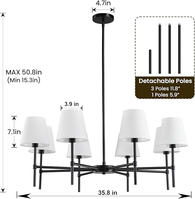 RUIYEY Dining Room Chandeliers Light - 35.8" Modern Black Chandelier, 8-Light Metal Farmhouse Dining Room Light Fixture, E26 Hanging Pendent Lighting for Kitchen, Living Room, Foyer, Entrance