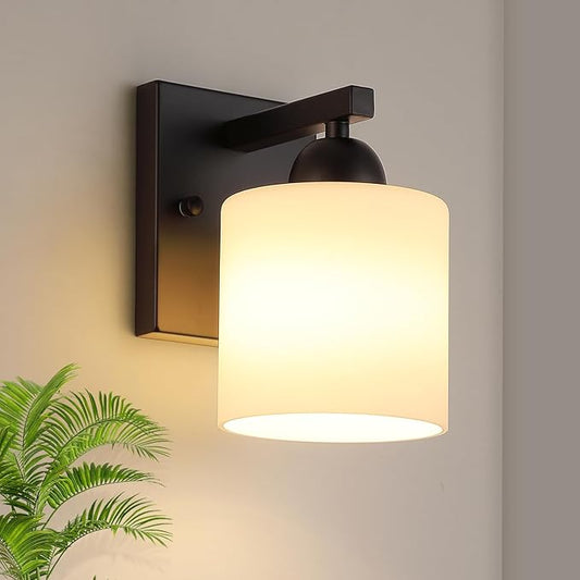 Mecgirn Matte Black Milk Glass Wall Sconces, 1 Pack Hardwired Indoor Wall Light Fixtures for Living Room, Hallway, Bedroom, Ceramic E26 Sockets (Bulbs Not Included)