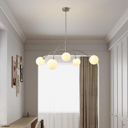 Mid Century Modern Chandelier, 5 Light Silver Sputnik Light Fixture with White Glass Globe Shade, Adjustable Modern Sputnik Chandelier for Dining Room Kitchen Bedroom