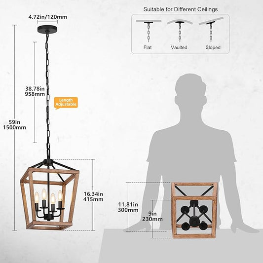 4 Light Farmhouse Chandelier, Lantern Ceiling Light Fixture with Brushed Rustic Wood Metal Cage and Adjustable Chain, E12 Base Geometric Hanging Lights for Dining Room Kitchen Island Entryway, Indoor