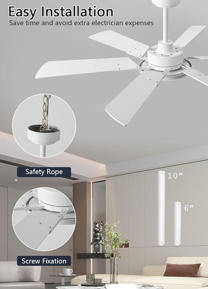 JSAITEE 52 Inch Low Profile Ceiling Fan with Lights, Remote & APP Control, 3CCT Dimmable, 6 Blades 6 Speed Ceiling Fans, Quiet Reversible DC Motor, Modern White Ceiling Fan for Bedroom Living Room