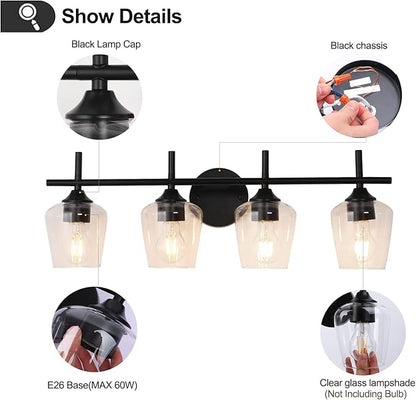 4-Light Bathroom Light Fixtures, Matte Black Vanity Lights with Clear Glass Shades, Modern Wall Lights for Mirror Kitchen Living Room Hallway Cabinet Porch