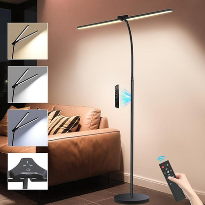 24W/2400LM Dual Head LED Floor Lamp for Living Room, Reading Standing Task Lamp for Office, Adjustable Panels with Remote, No Glare Puzzle Light for Tattoo, Piano, Sewing, Lash, Craft