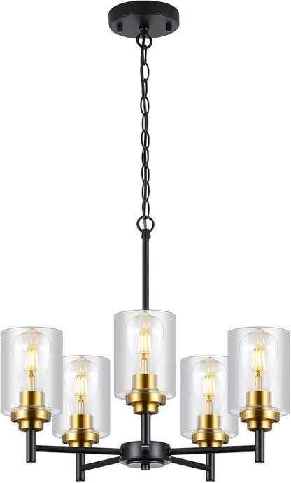9MMML 5 Lights Glass Chandelier,Modern Kitchen Island Lighting Black and Gold Metal Dining Room Light Fixture for Living Room Foyer,E26