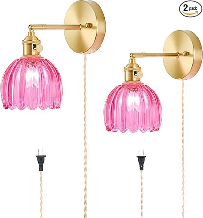 Plug in Wall Sconces Set of 2, Vintage Wall Sconce Light with Tulip Ruby Red Glass Lampshade, Bedroom Wall Sconce with Switch and Plug in wall lamp Cord, Gold Wall Light Wall Decor Set of 2