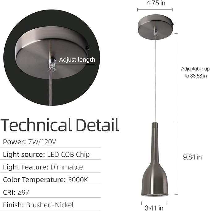 Aisilan 7W LED Modern Pendant Light Brushed Nickel Dimmable CRI 97 Hanging Light Fixture Warm White Mini Pendant Spot Lights for Kitchen Island Living Room Bedroom