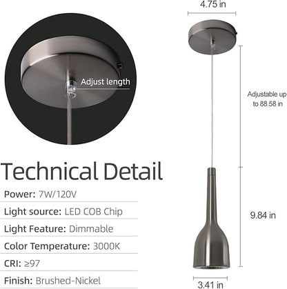 Aisilan 7W LED Modern Pendant Light Brushed Nickel Dimmable CRI 97 Hanging Light Fixture Warm White Mini Pendant Spot Lights for Kitchen Island Living Room Bedroom
