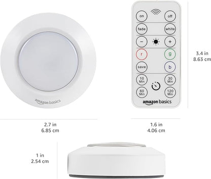 Amazon Basics LED Puck Lights, Color Changing, Battery Operated, IR Remote, 40 Lumens, Under Cabinet Lighting, Wireless Stick on Lights, Ideal for Closets, 2-Pack, White