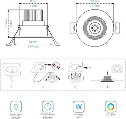 LightingWill 2Inch LED Recessed Ceiling Light, 3W Dimmable LED Downlight, Daylight White 5000K-5500K, 60 Beam Angle COB Recessed Lights with Driver, 25W Halogen Bulbs, Silver 6Pack