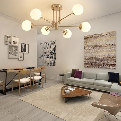 Biewalk Gold Sputnik Chandelier, Modern Globe Chandelier Light Fixture with Glass Globe Shade, Mid Century Ceiling Light 6-Light for Living Room Dining Room