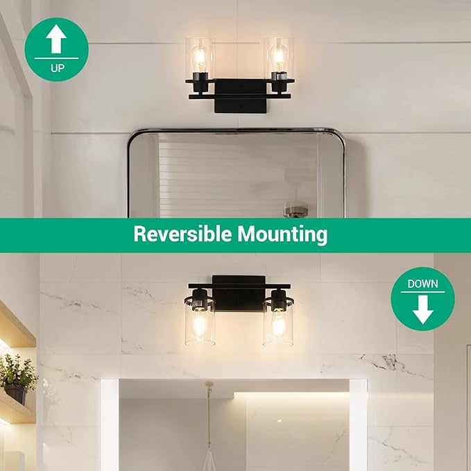 EDISHINE Bathroom Light Fixtures, 2-Light Bathroom Vanity Light with Clear Glass Shades, Matte Black Vanity Lights, Vintage Wall Sconces for Bedroom Living Room Hallway, E26 Base (Bulbs Not Included)