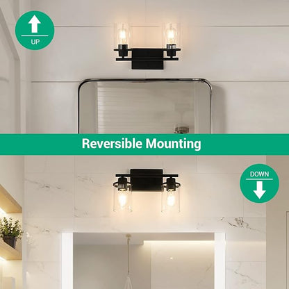 EDISHINE Bathroom Light Fixtures, 2-Light Bathroom Vanity Light with Clear Glass Shades, Matte Black Vanity Lights, Vintage Wall Sconces for Bedroom Living Room Hallway, E26 Base (Bulbs Not Included)