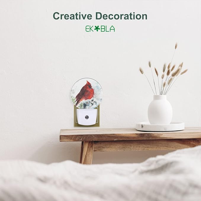 EKOBLA Watercolor Cardinal Night Light, Red Bird Cardinal on Branch Night Lights Plug Into Wall for Bedroom Bathroom Kitchen Hallway Stairs, Gifts Ideal for Girls Women