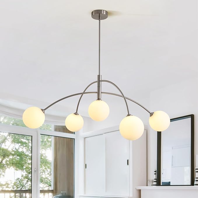 Mid Century Modern Chandelier, 5 Light Silver Sputnik Light Fixture with White Glass Globe Shade, Adjustable Modern Sputnik Chandelier for Dining Room Kitchen Bedroom