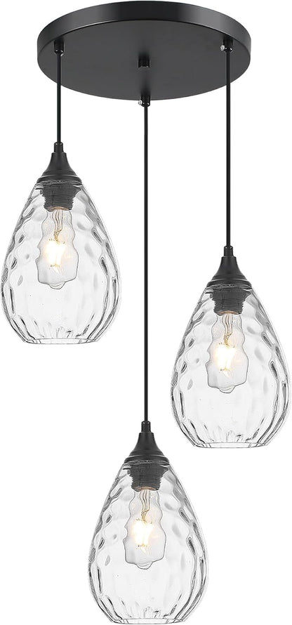 Black 3-Light Pendant Lighting, Modern Dining Room Light Fixture Over Table with Hammered Glass, Cluster Hanging Lights for Kitchen Island Dining Room
