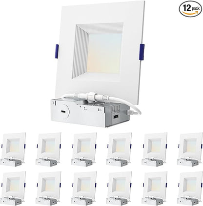 12 Pack 4 Inch Square Ultra-Thin Led Recessed Lighting,Recessed Led Downlight with Junction Box,5CCT 2700K-5000K Dimmable,with Baffle Anti-Glare,9W 700LM,ETL & ES
