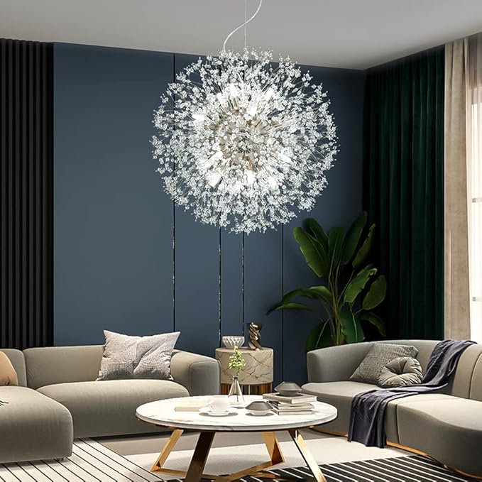 Modern Crystal Chandeliers 16-Light Chrome Dandelion Light Fixture,Firework Chandelier,Personalized Ceiling Hanging Lighting for Living Room,Dining Room,Kitchen,Bedroom Chandelier