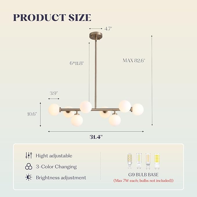 Modern Linear Chandelier, Mid Century Gold Sputnik Pendant Light with White Glass Lampshade,8 Lights Globe Rectangle Chandelier,for Dining Room Kitchen L31.4 in x W10.6 in