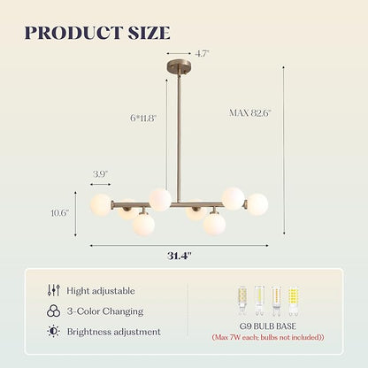 Modern Linear Chandelier, Mid Century Gold Sputnik Pendant Light with White Glass Lampshade,8 Lights Globe Rectangle Chandelier,for Dining Room Kitchen L31.4 in x W10.6 in