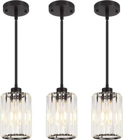 3 Pack Black Pendant Lights Kitchen Island, Modern Crystal Kitchen Pendant Lighting Over Island, Adjustable Hanging Bathroom Light Fixtures Mini Pendant Light for Dining Room Hallway Entryway Foyer