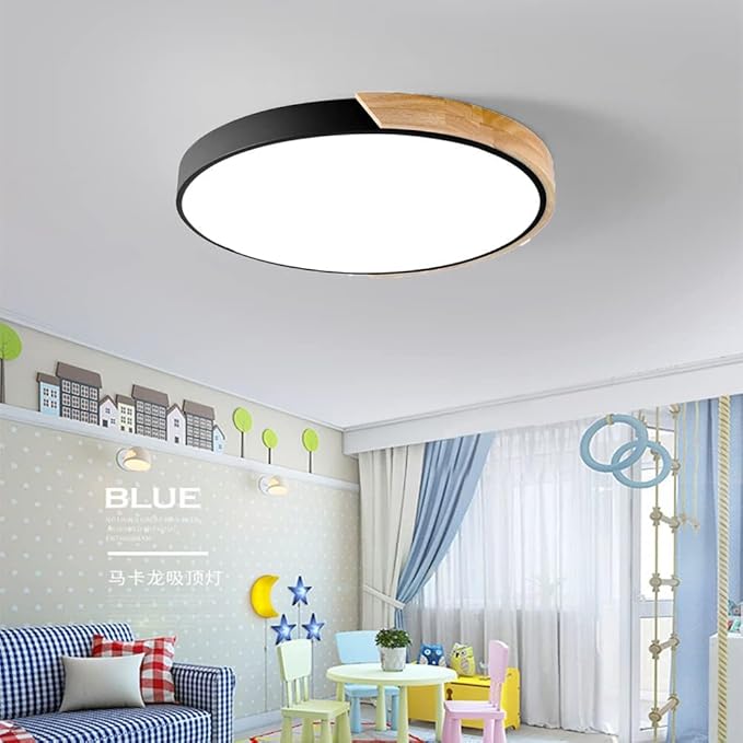 LED Ceiling Light Fixture,20 Inch Modern Wood Recessed Ceiling Lights,3000K-6000K Dimmable Light,Black 36W Close to Ceiling Lighting Flush Mount Living Room Bedroom Ceiling Lamp