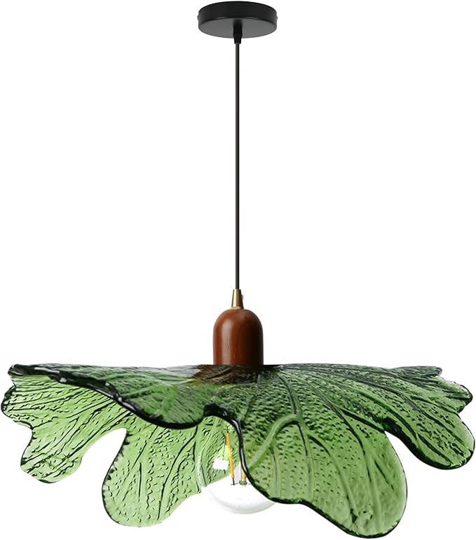 Green Glass Pendant Light Fixtures, 15.75" Hanging Ceiling Light Adjustable Vintage Floral Glass Chandelier for Bedroom Nursery Vanity Kitchen Island