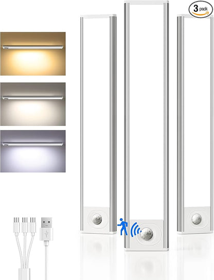 3Pack-Under Cabinet Lighting Wireless, Rechargeable Battery Motion Sensor Light Indoor, LED Closet Lights USB Charging, 3 Color Dimmable Under Cabinet Lights for Kitchen, Cabinet, Wardrobe (14inch)